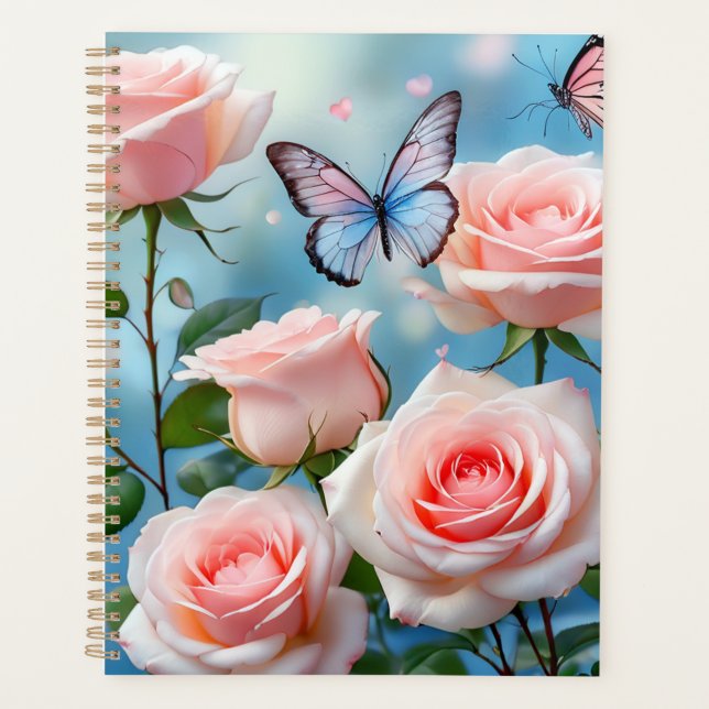 Soft Pink Rose Flower Blue Butterfly Planner (Front)