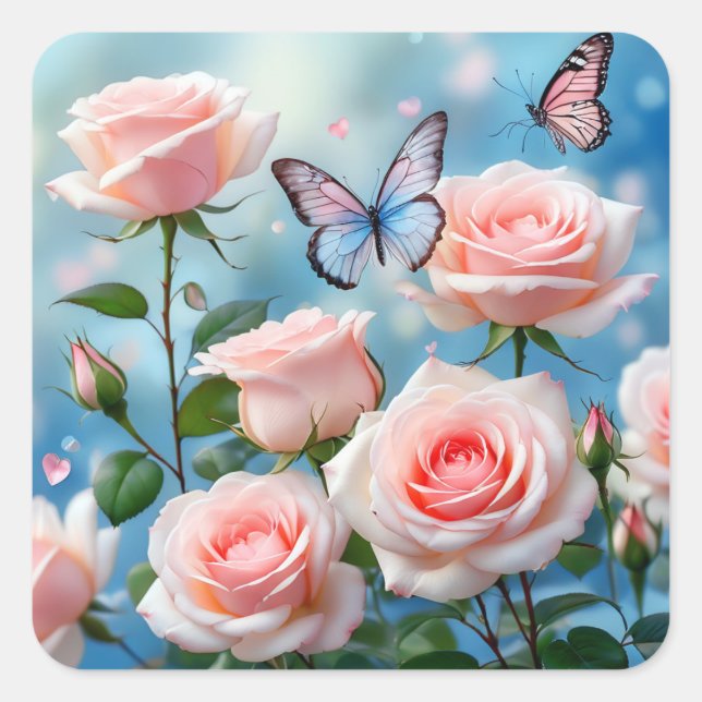 Soft Pink Rose Flower Blue Butterfly Square Sticker (Front)