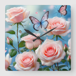 Soft Pink Rose Flower Blue Butterfly Square Wall Clock
