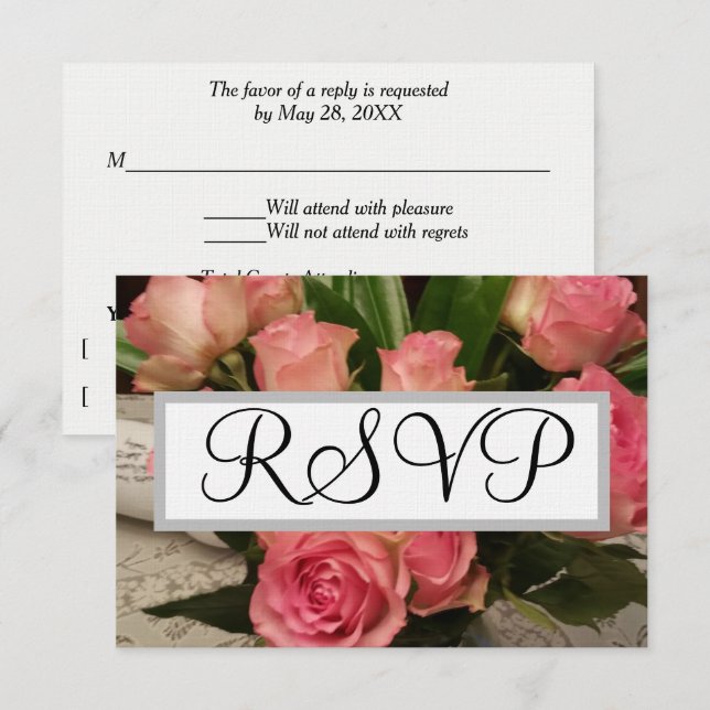 Soft Pink Rose Flowers Silver Wedding RSVP Card (Front/Back)