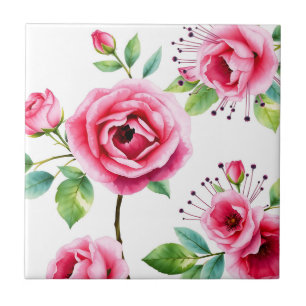 Soft Pink Roses and Eucalyptus Flowers Ceramic Tile