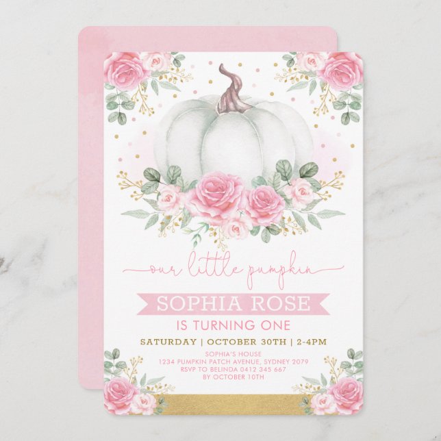 Soft Pink Roses and Pumpkin 1st Birthday Invitation (Front/Back)
