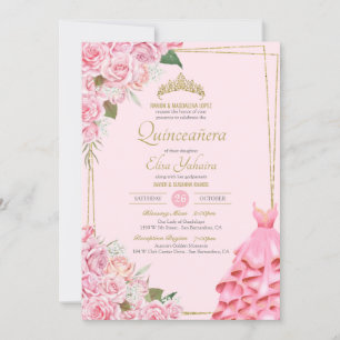 Soft Pink Roses Blush and Gold Floral Quinceanera  Invitation