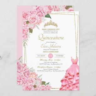 Soft Pink Roses Blush and Gold Floral Quinceanera Invitation