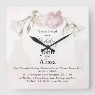 Soft Pink Roses & Bride and Groom Collection Square Wall Clock