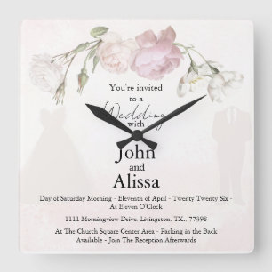 Soft Pink Roses & Bride and Groom Collection Square Wall Clock