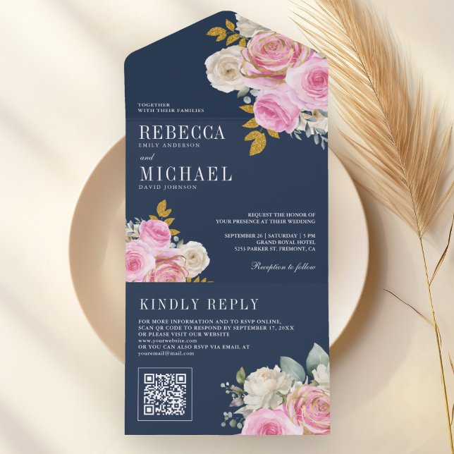 Soft Pink Roses Floral QR Code Navy Blue Wedding All In One Invitation (Creator Uploaded)