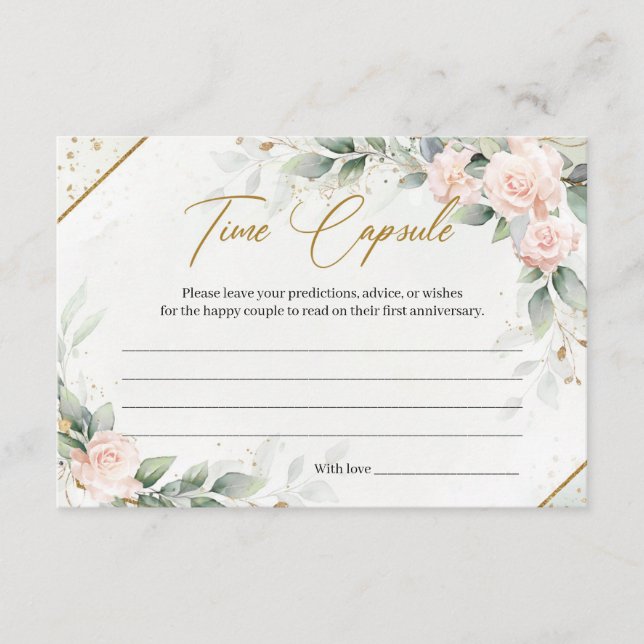 Soft pink roses greenery and gold Time Capsule Enclosure Card (Front)