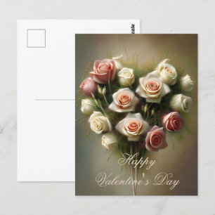 Soft pink roses heart bouquet valentine postcard