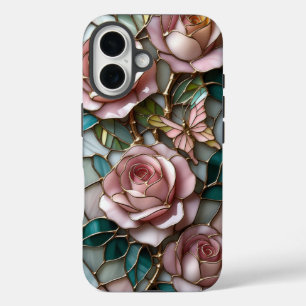Soft Pink Roses in Luxurious Stained Glass Artwork iPhone 16 Case