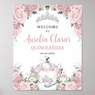 Soft Pink Roses Princess Carriage QUINCEAÑERA 16th Poster