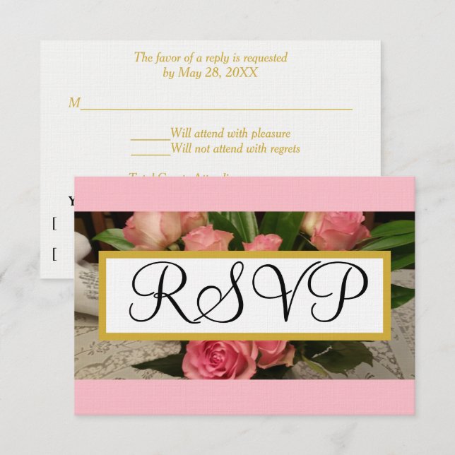 Soft Pink Roses Silver Wedding RSVP Gold Card (Front/Back)