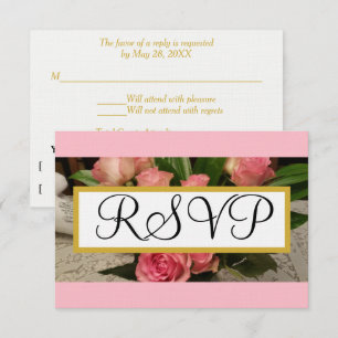 Soft Pink Roses Silver Wedding RSVP Gold Card