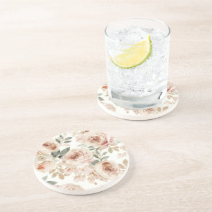 Soft Pink Roses Watercolor Floral Print Botanical Coaster