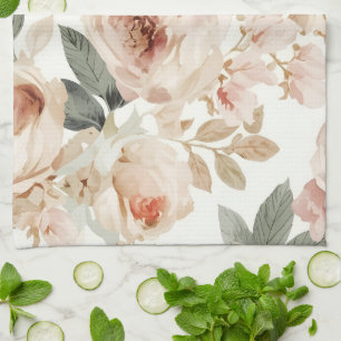 Soft Pink Roses Watercolor Floral Print Botanical Tea Towel