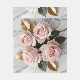 Soft Pink Roses With Delicate Golden Leaves Fleece Blanket