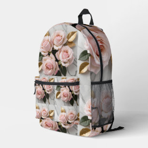 Soft Pink Roses With Delicate Golden Leaves Printed Backpack