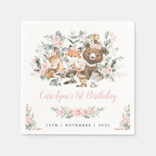 Soft Pink Roses Woodland Animals Girl 1st Birthday Napkin