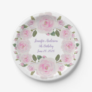 Soft Pink Roses Wreath Name Text Paper Plate Party