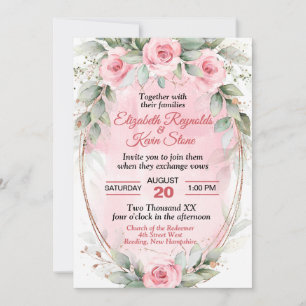 Soft Pink & Sage Green Roses Wedding Invitation