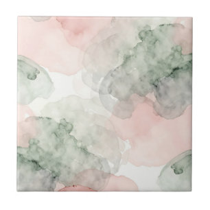 Soft Pink Sage Green Watercolor Abstract Pattern Ceramic Tile