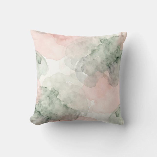 Soft Pink Sage Green Watercolor Abstract Pattern Cushion (Front)