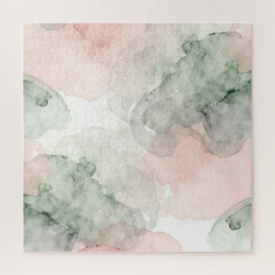 Soft Pink Sage Green Watercolor Abstract Pattern Jigsaw Puzzle