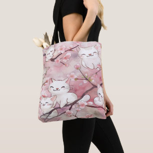 Soft Pink Sakura Flowers Cute Cats Pattern Tote Bag