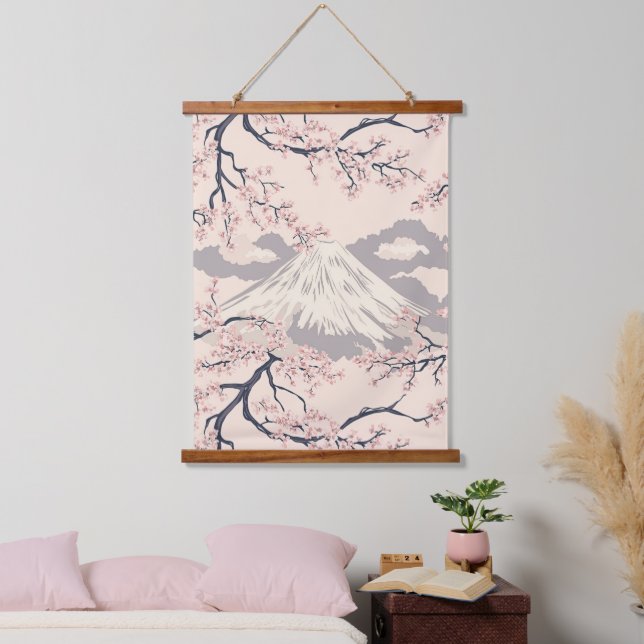 Soft Pink Sakura Mount Fuji Scenic Pattern Hanging Tapestry (Bedroom)