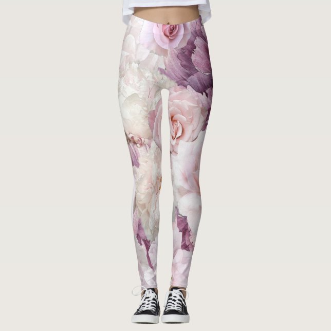 Soft Pink Shabby Chic Botanical Garden Leggings (Front)
