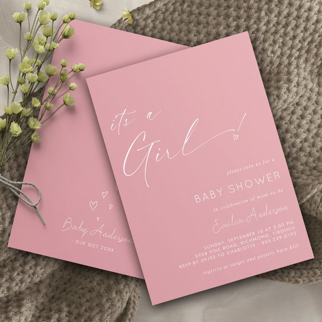 Soft Pink | Simple Heart 'It's a Girl' Baby Shower Invitation (Creator Uploaded)