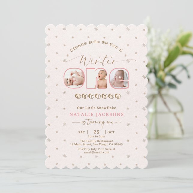 Soft Pink Snowflake Winter Onederland 1st Birthday Invitation (Standing Front)