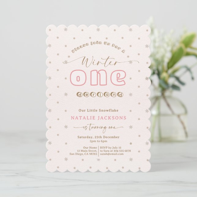 Soft Pink Snowflake Winter Onederland Turning One Invitation (Standing Front)