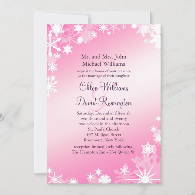 Soft Pink Snowflakes Wedding Invitation 2 (Front)