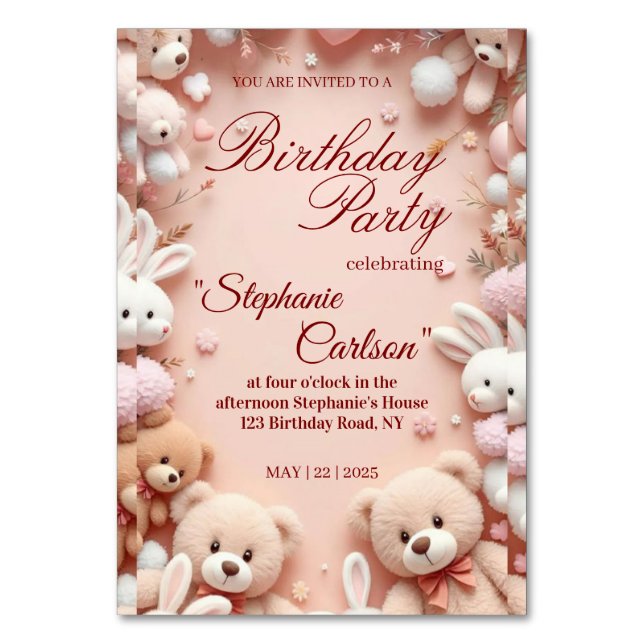Soft Pink Teddy Bear Birthday Invitation Table Number (Front)