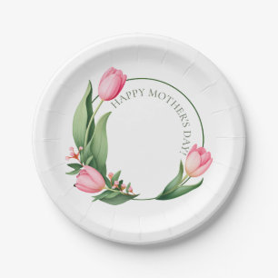 Soft Pink Tulip Floral Wreath Mother's Day Paper Plate