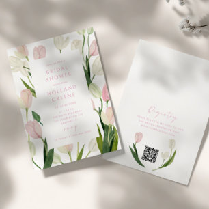 Soft Pink Tulip QR Code Bridal Shower Invitation