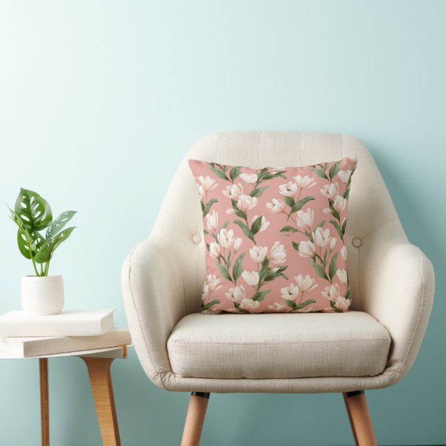 Soft Pink Tulip White Floral Pattern Cushion (Chair)
