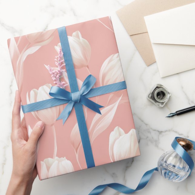 Soft Pink Tulip White Floral Pattern Wrapping Paper (Gifting)