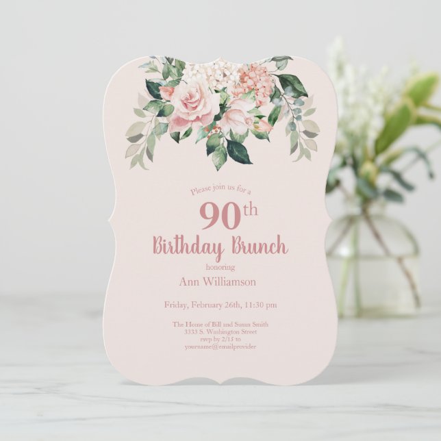 Soft Pink Watercolor Floral 90th Birthday Brunch Invitation (Standing Front)