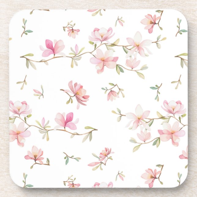 Soft Pink Watercolor Flower Pattern Coaster (Front)
