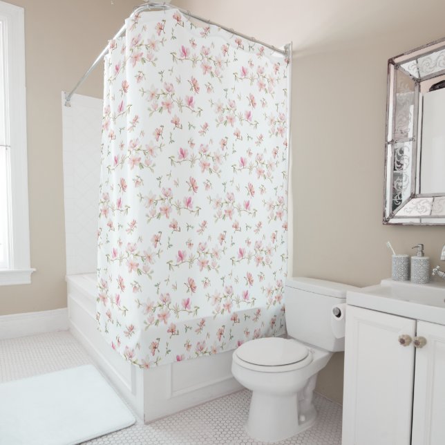 Soft Pink Watercolor Flower Pattern Shower Curtain (In Situ)
