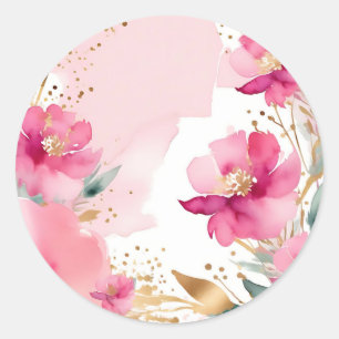 Soft Pink Watercolor Flowers With Gold Classic Round Sticker