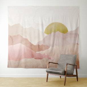 Soft Pink Watercolor Mountains Landscape Tapestry