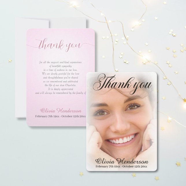 Soft Pink White Photo Memorial Thank You Card (Creator Uploaded)