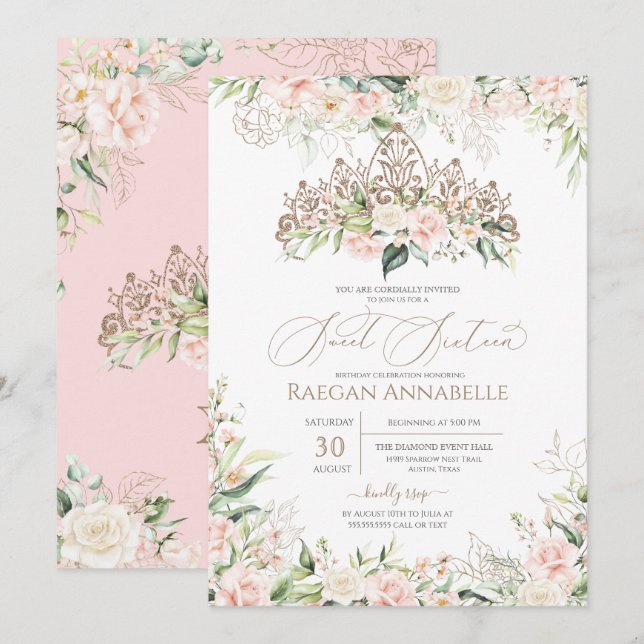 Soft Pink White Roses Elegant Sweet 16 Birthday Invitation (Front/Back)