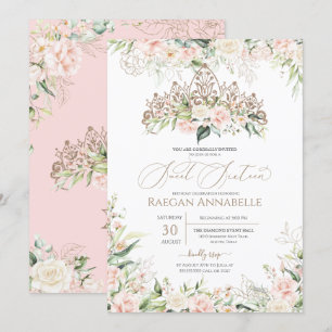 Soft Pink White Roses Elegant Sweet 16 Birthday Invitation