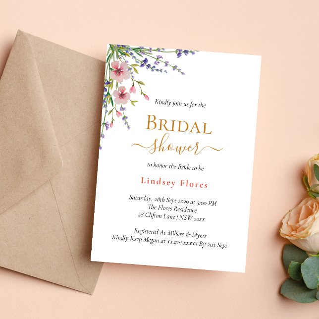 Soft Pink Wild Flowers Greenery Gold Bridal Shower Invitation (Creator Uploaded)