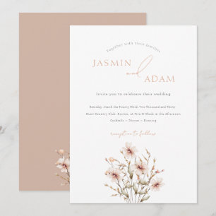 Soft Pink Wildflower Monogram Minimalist Wedding Invitation
