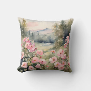 Soft Pink Wildflowers Roses Nature Landscape  Cushion